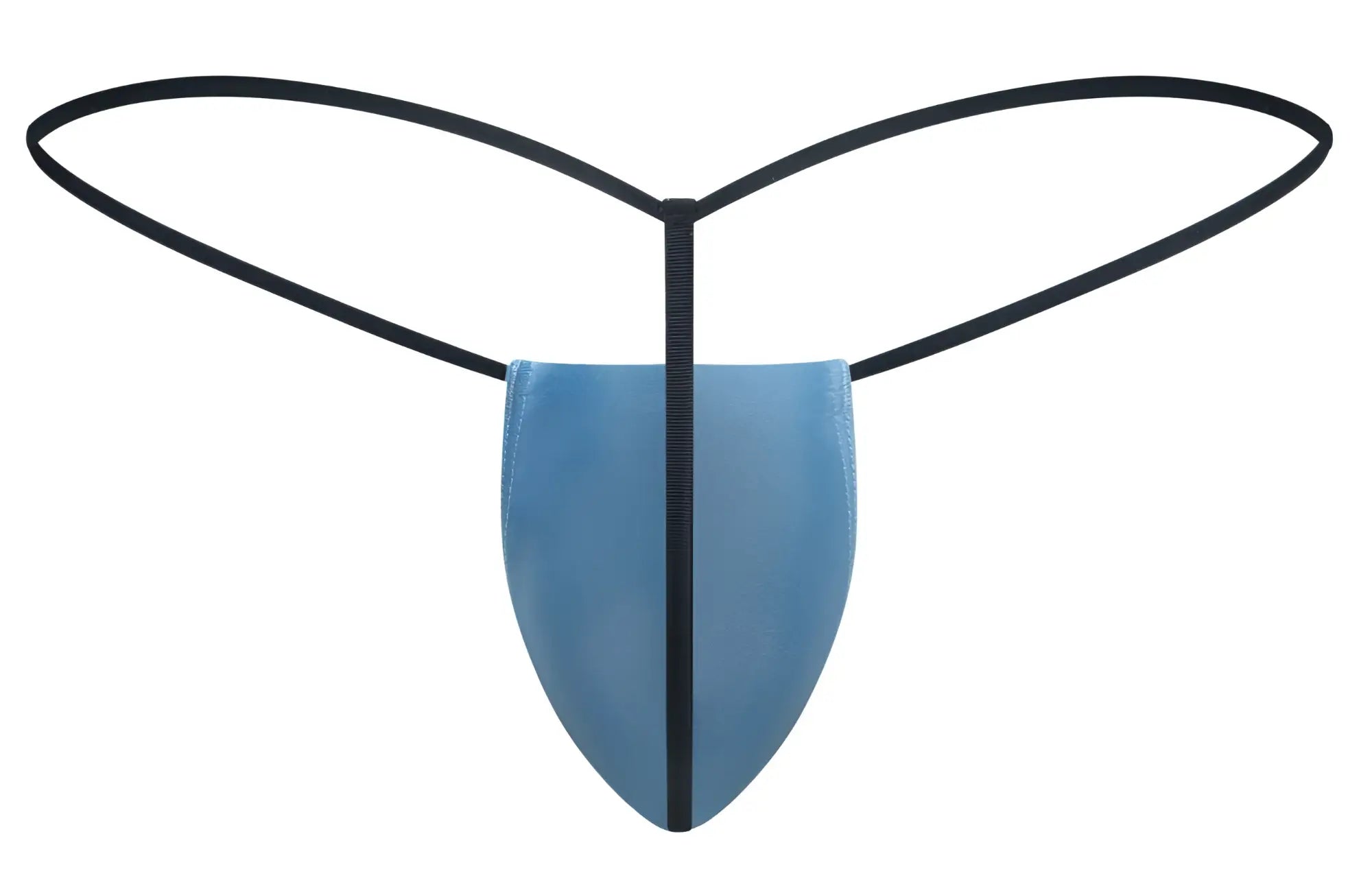 Blue thong with black elastic bands and central seam from justin simon xsj02 classic g string in baby blue