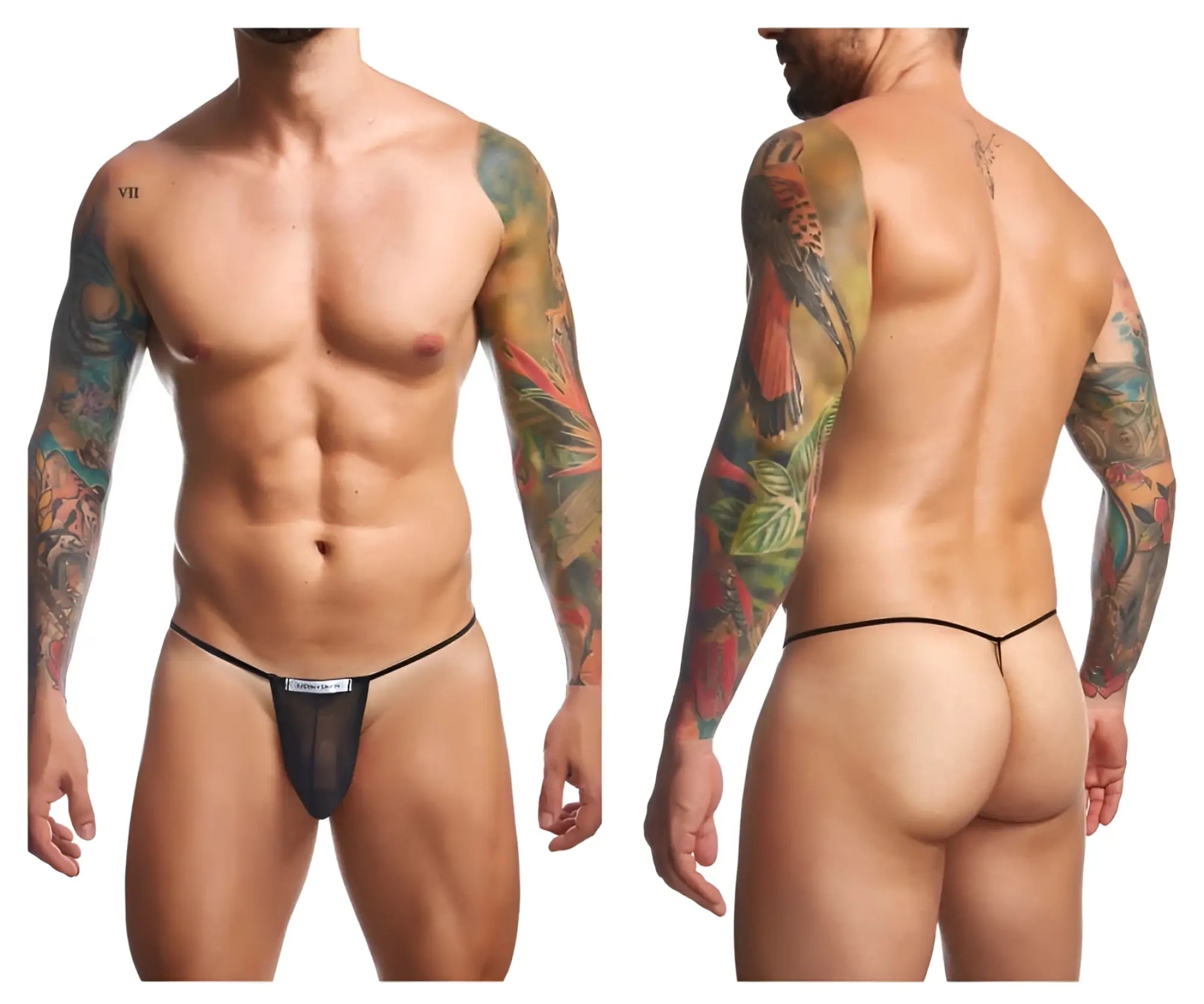 Black mesh thong with thin black elastic waistband and small white label front by justin simon xsj02 classic g-string