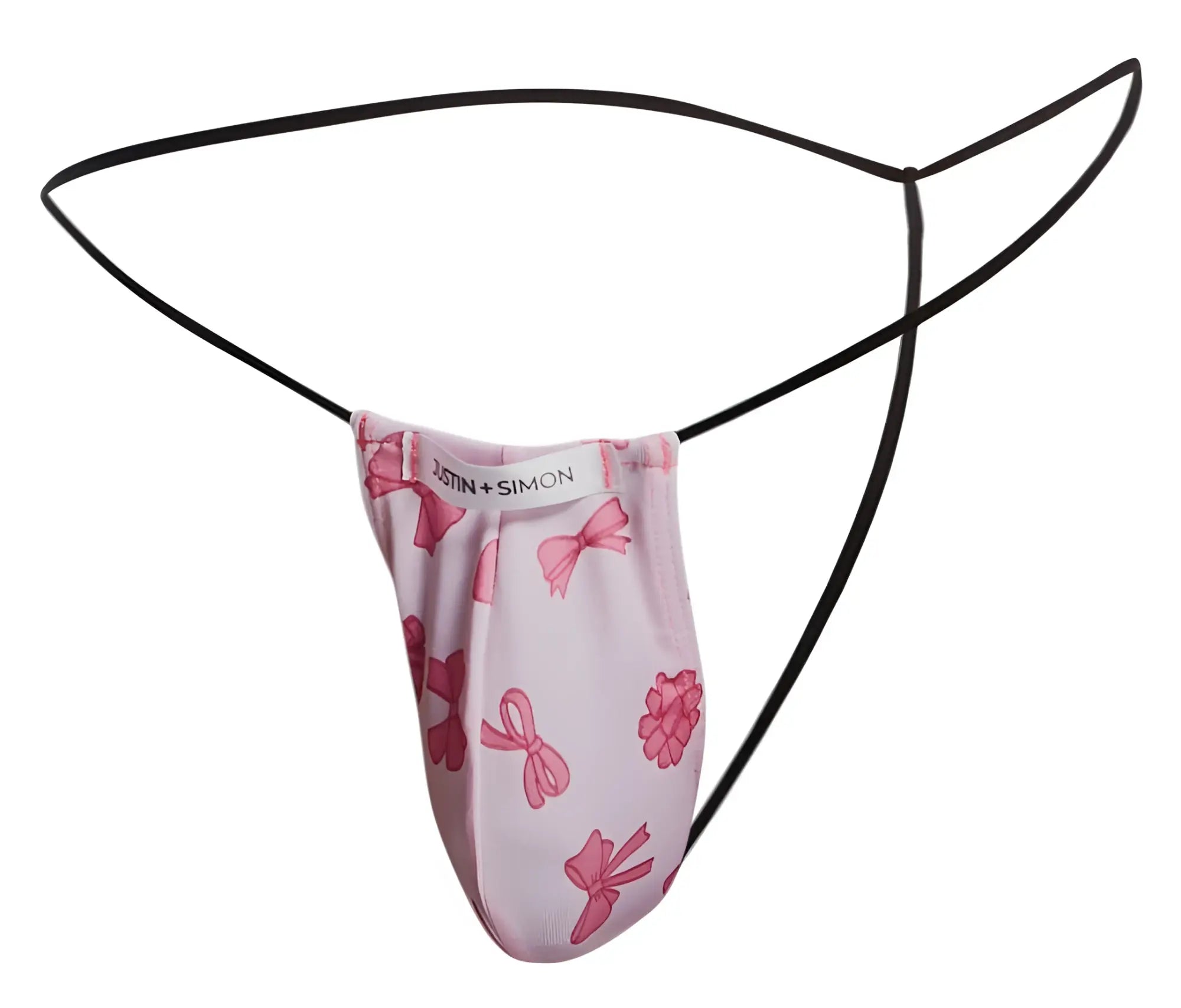 Pink bow-patterned justin + simon classic g-string with black elastic straps shown from the back side