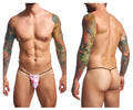 Justin+simon xsj02 classic g-string with pink flamingo pattern and black elastic waistband in front view
