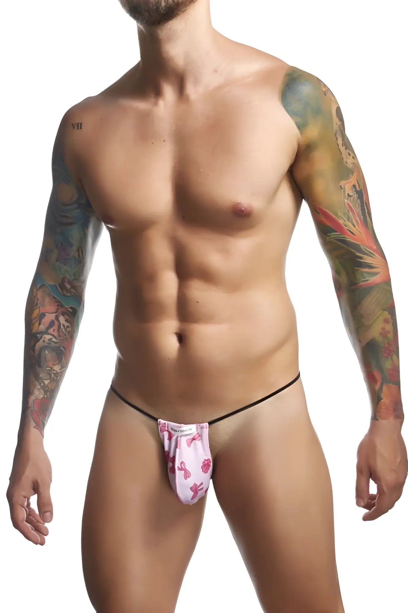 Pink patterned briefs with black waistband from justin simon xsj02 classic g string color coquette collection