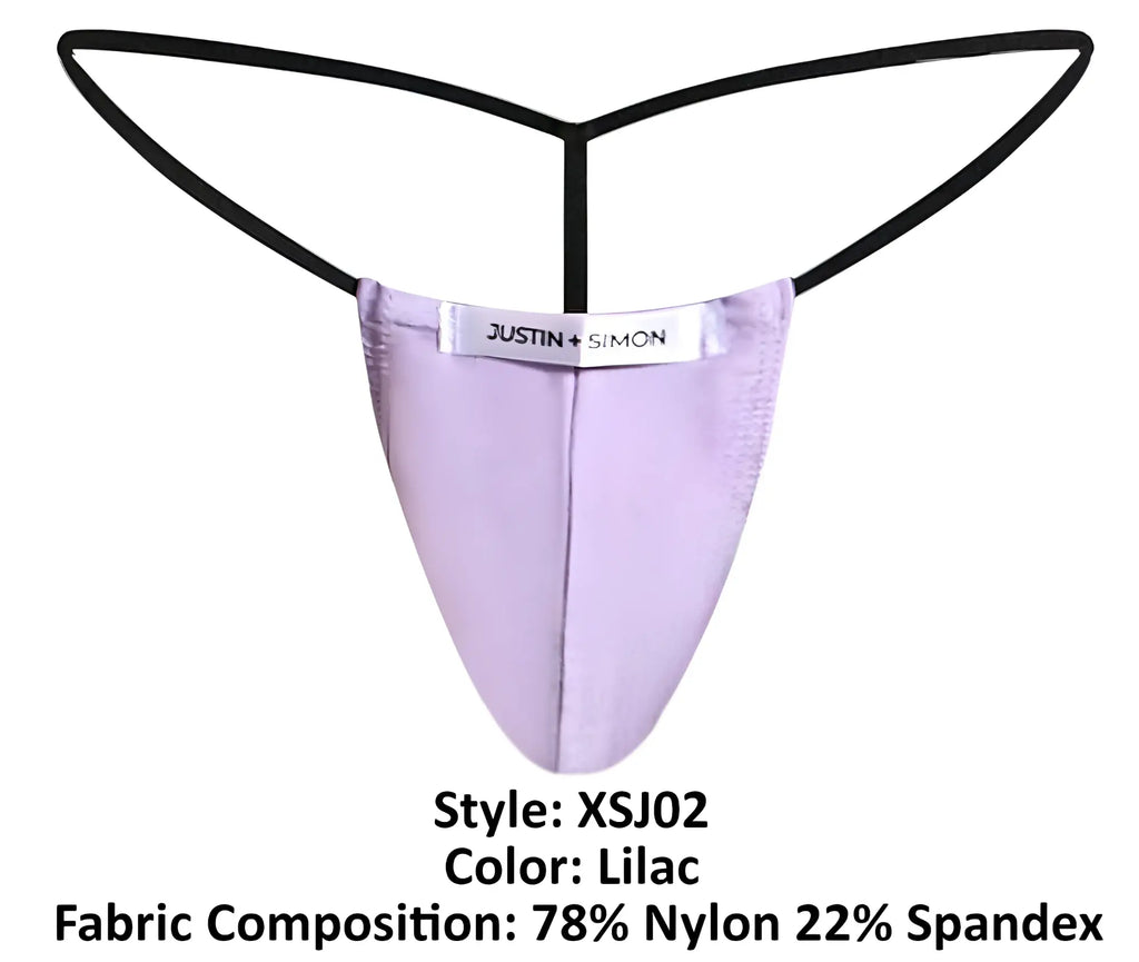 Lilac justin simon classic g-string thong with black elastic straps made from nylon-spandex blend fabric shown from the back