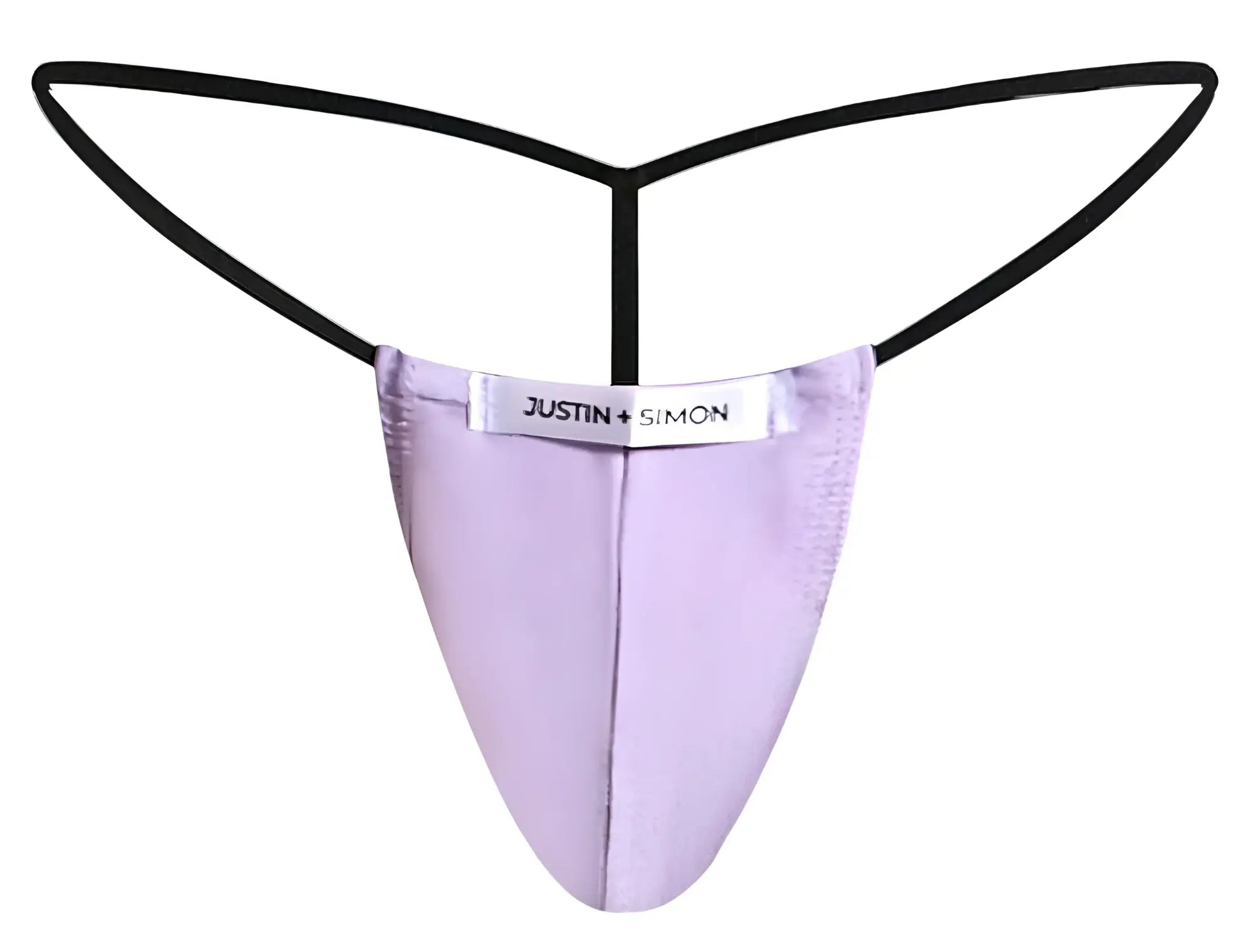 Lavender satin thong with black elastic straps and justin simon label from justin simon xsj02 classic g-string collection