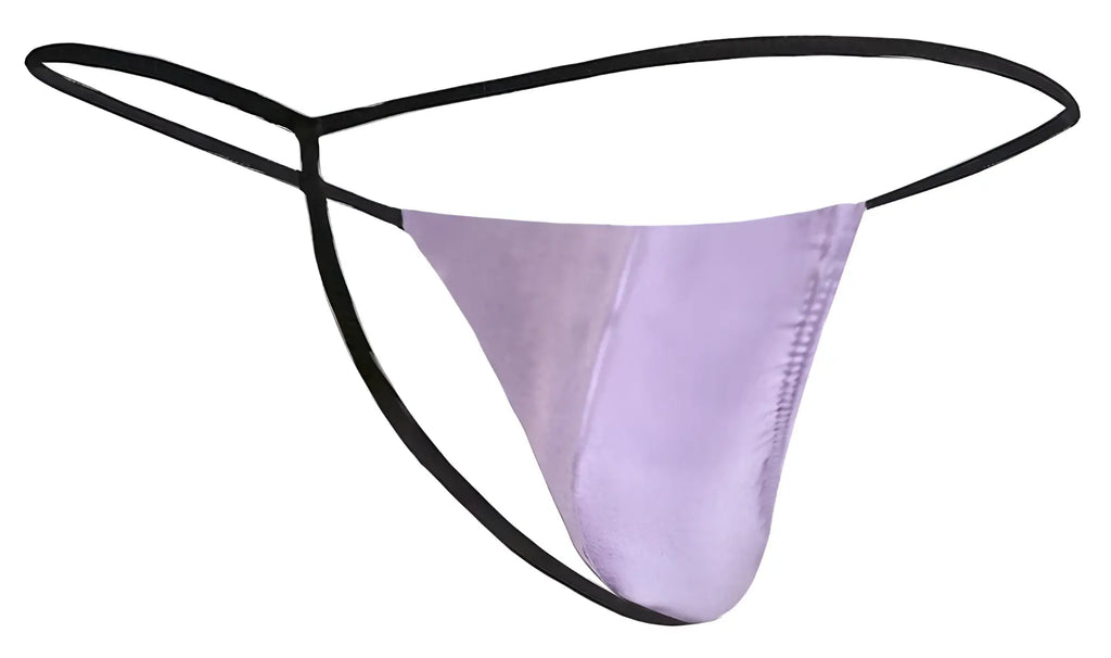 Lavender satin thong with black elastic straps in justin simon xsj02 classic g string color lilac shown from front