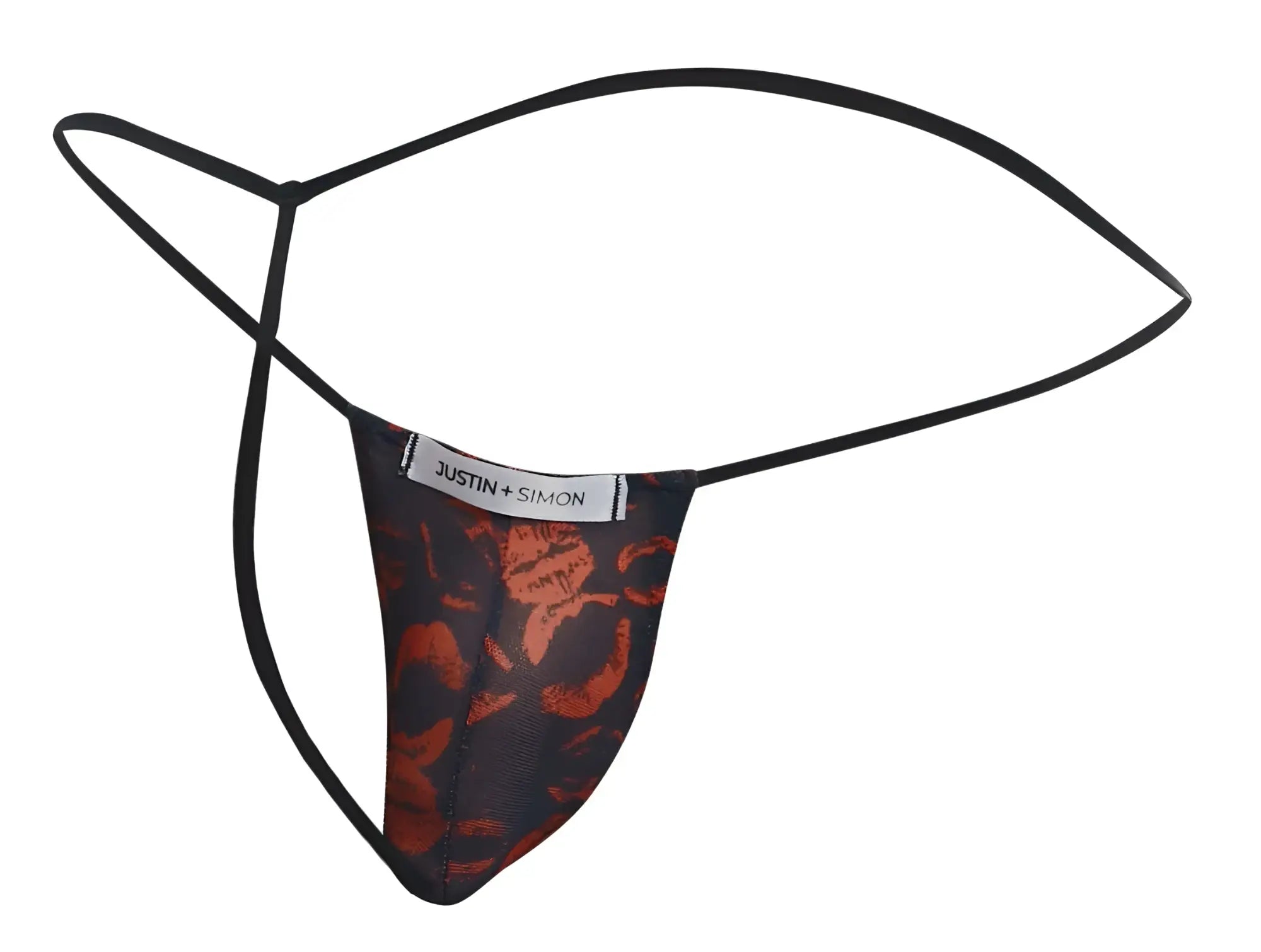 Black and orange floral-patterned thong by justin + simon with thin black elastic straps from classic g-string color lips collection