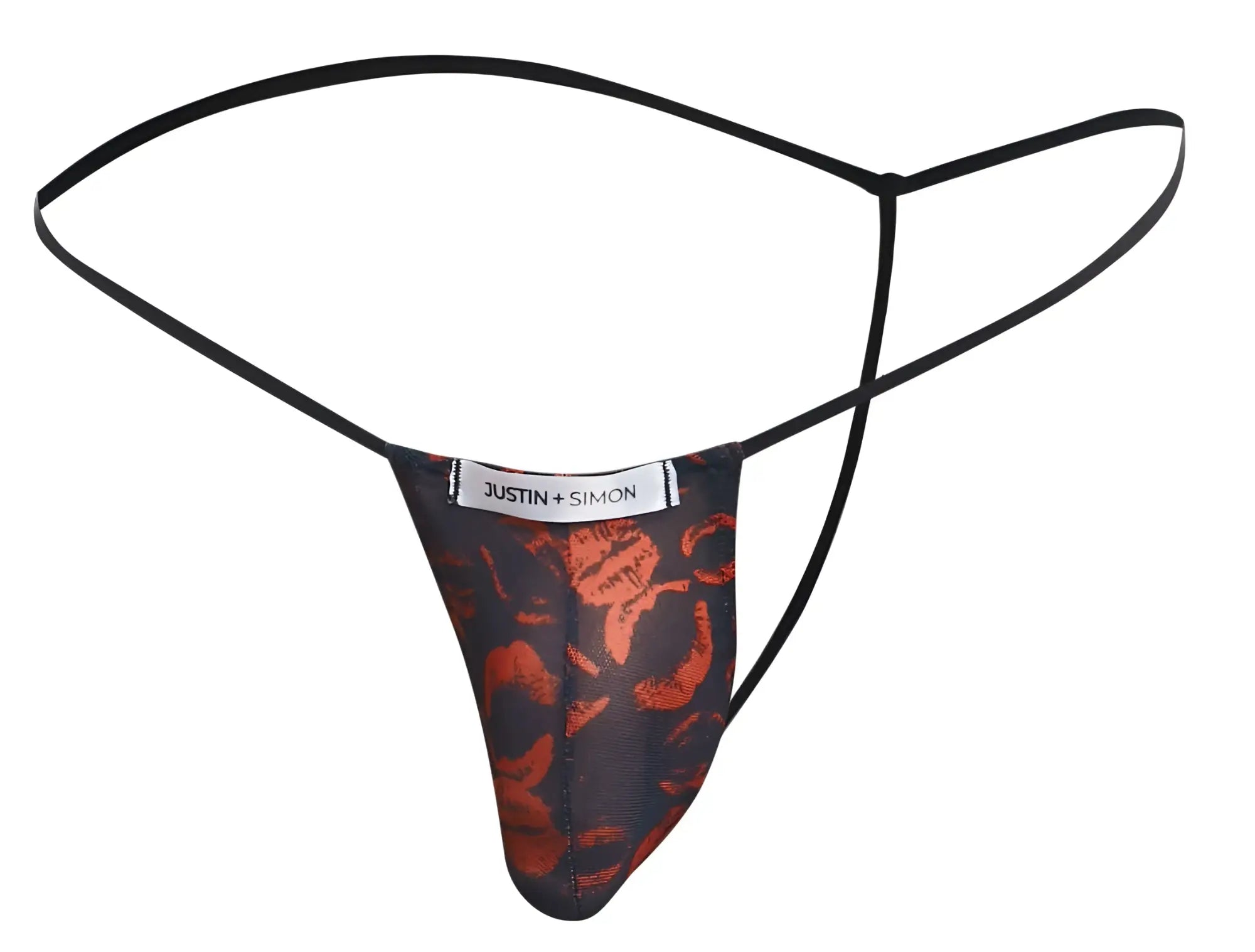 Black thong g-string with bold orange floral pattern and thin straps featuring justin simon label from classic lips line