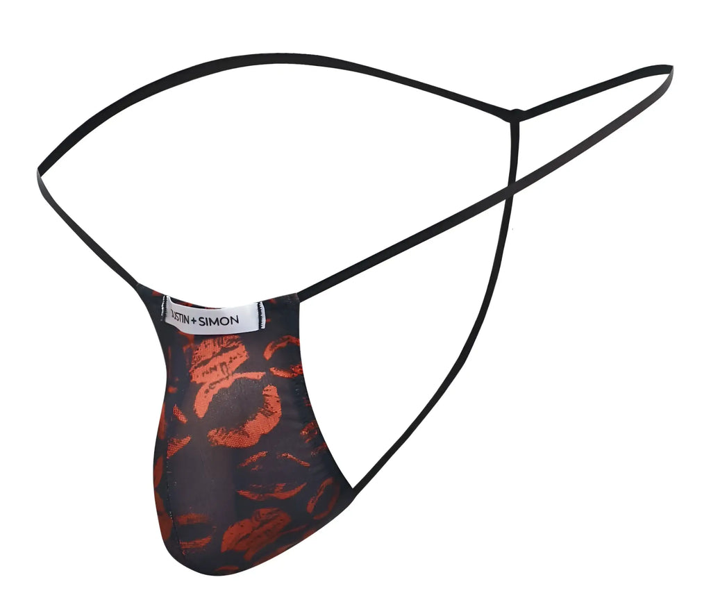 Black thong with orange lipstick print and thin straps branded justin simon in classic g-string color lips design