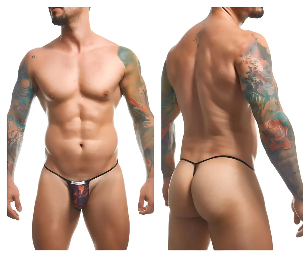 Black thong g-string justin simon xsj02 with vibrant red and blue floral pattern on front for classic style