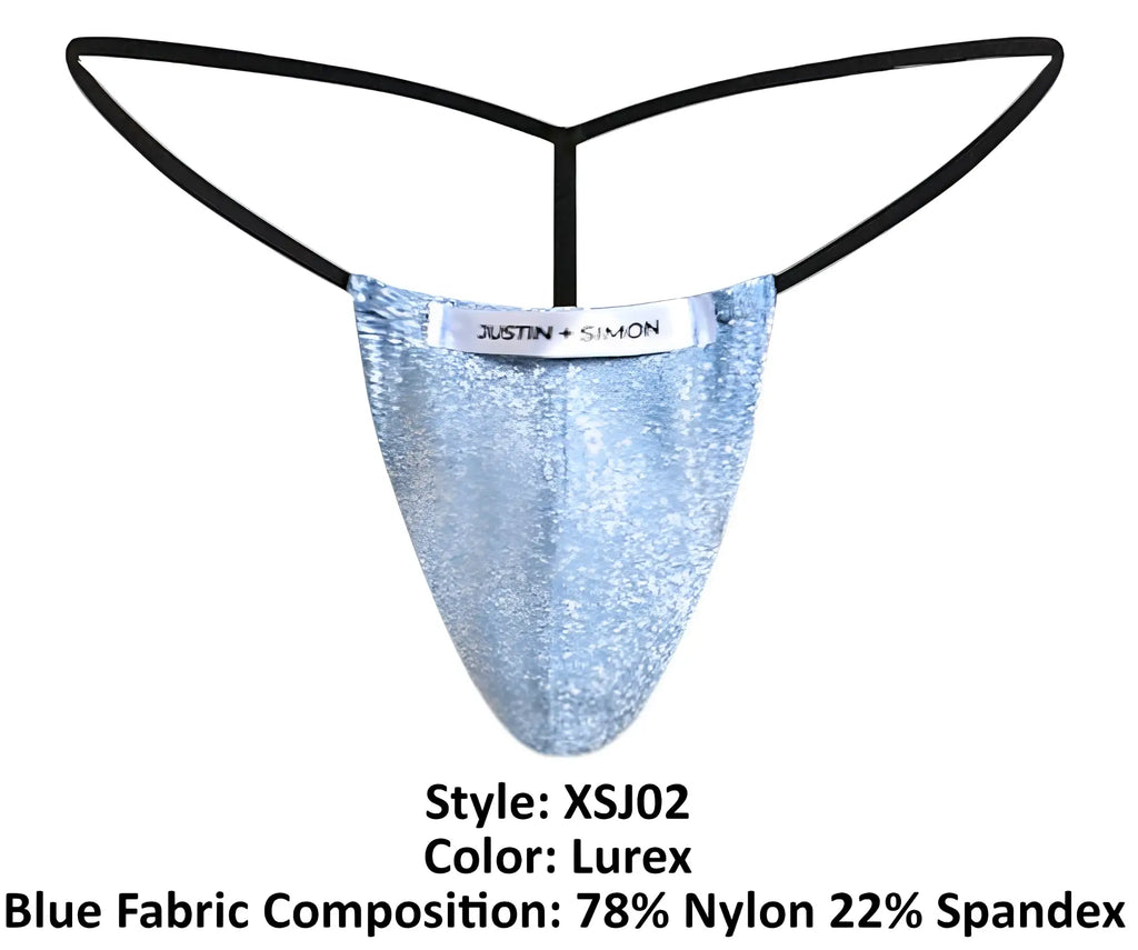 Light blue glittery lurex fabric thong with black elastic straps and justin simon brand label front view