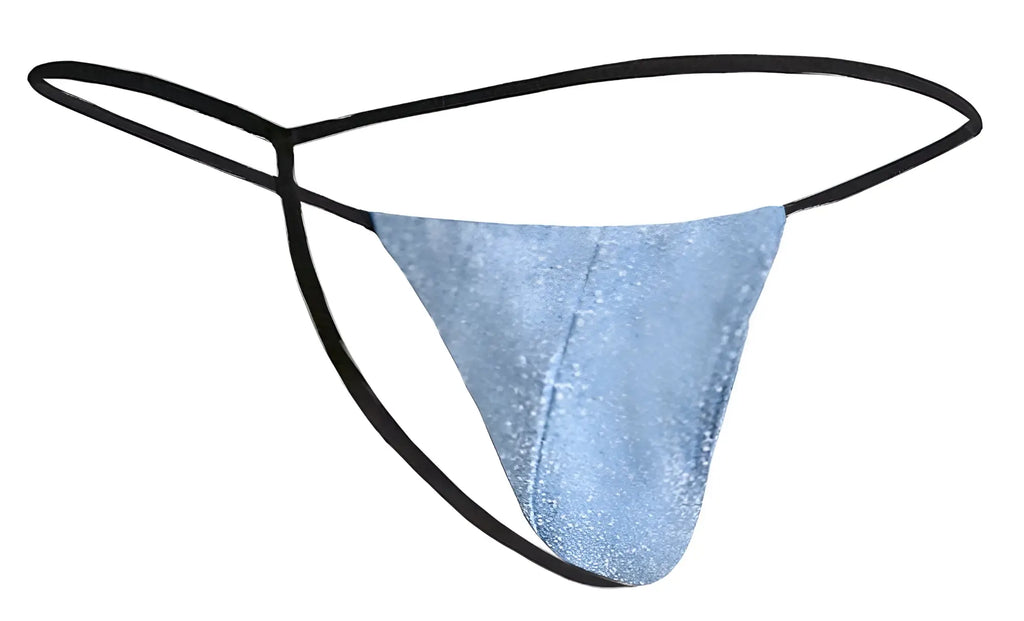 Light blue glittery lurex classic g-string thong with black elastic straps from justin simon xsj02 collection