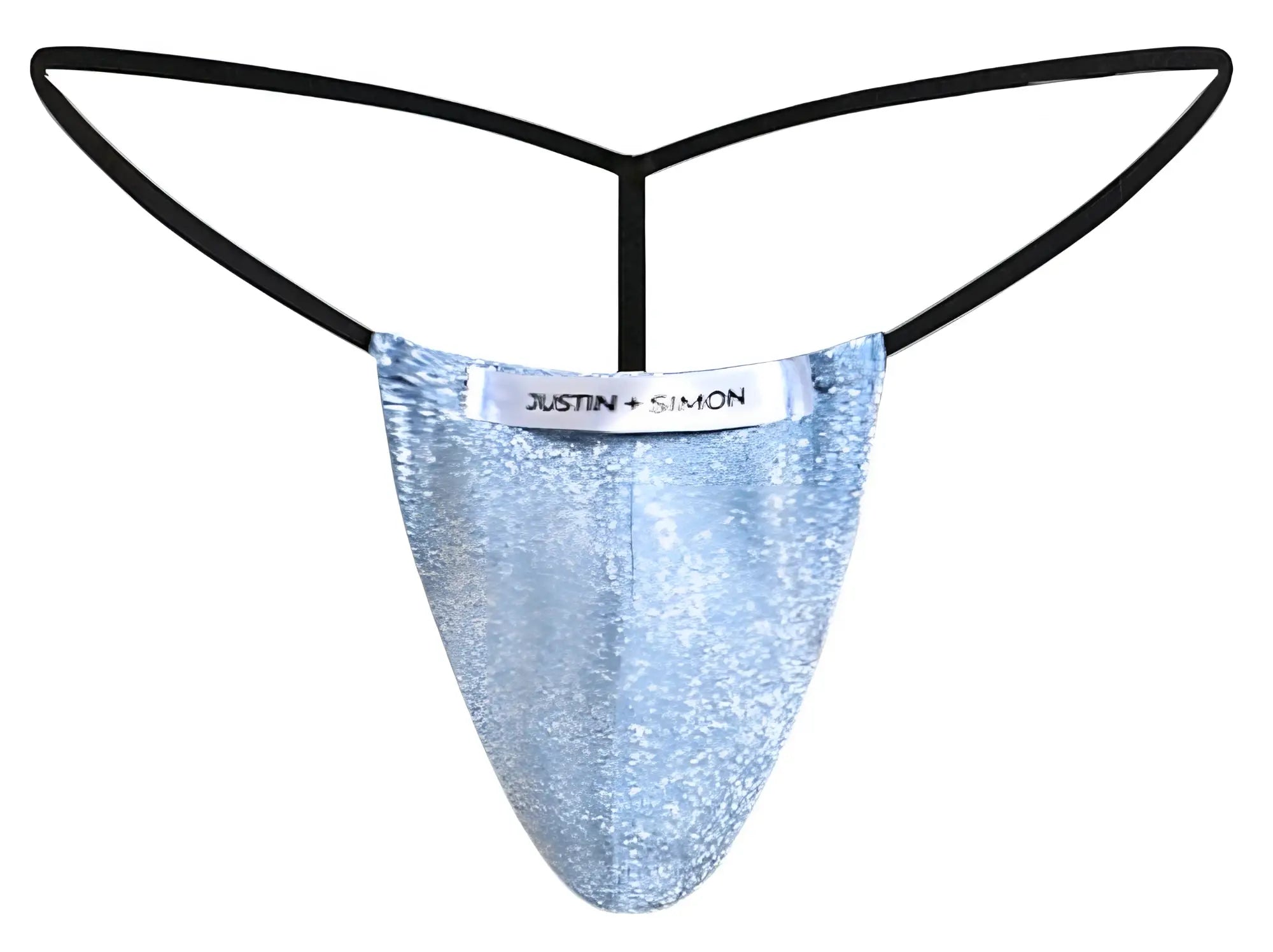 Light blue sequined thong with black elastic straps and justin simon brand label in lurex material g-string style