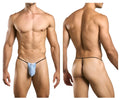 Blue textured fabric thong with black elastic waistband by JUSTIN+SIMON in lurex blue classic g-string style