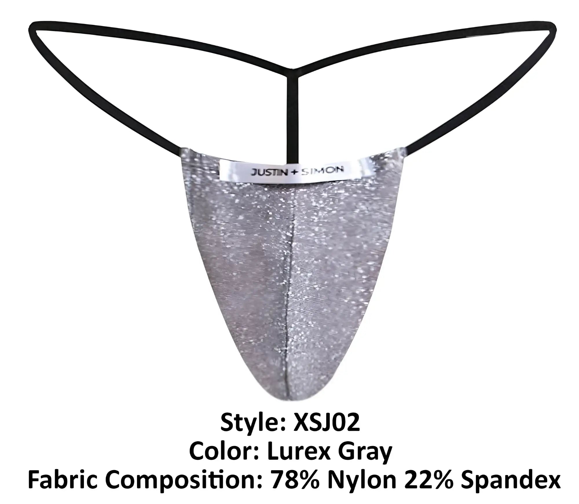 Silver glittery lurex gray thong from justin simon style xsj02 classic g string showing front view