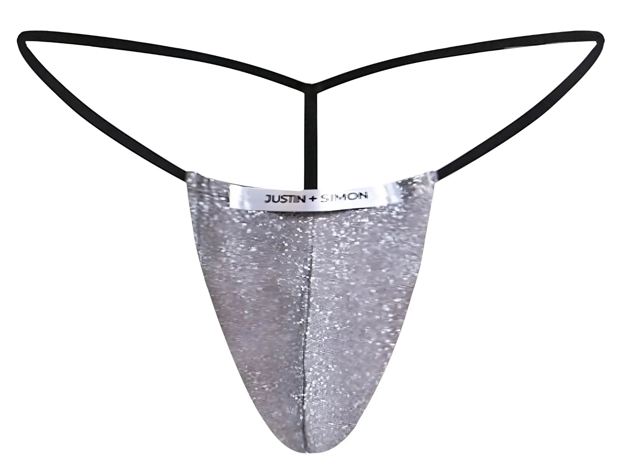 Silver glittery lurex gray classic g-string thong with black elastic straps and justin simon brand label