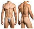 Justin+simon xsj02 classic g-string silver mesh thong with black elastic waistband and leg straps front view