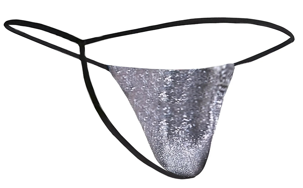 Justin+Simon xsj02 classic g-string silver sequined thong with black elastic straps lurex gray front view
