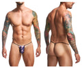 Blue patterned thong with black elastic waistband from justin simon xsj02 classic g string color mexico shown from back side