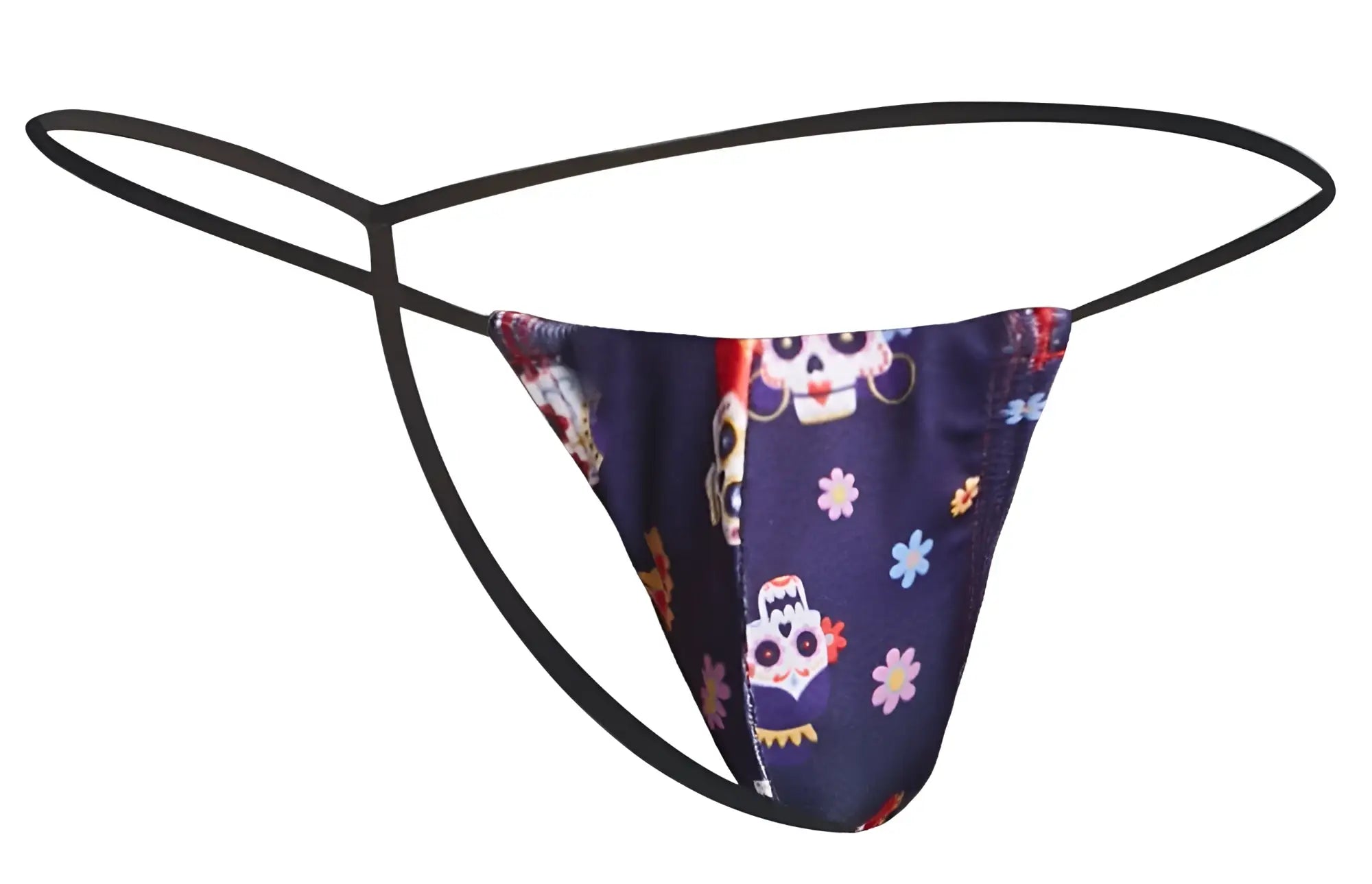 Dark blue satin thong justin simon xsj02 classic g-string with vibrant sugar skull floral pattern and black elastic straps
