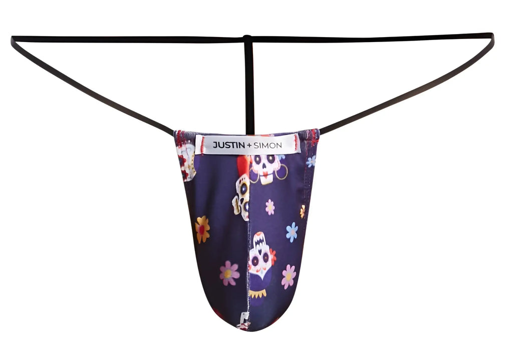 Dark blue classic g-string with colorful sugar skull floral pattern and black elastic straps by justin simon mexico