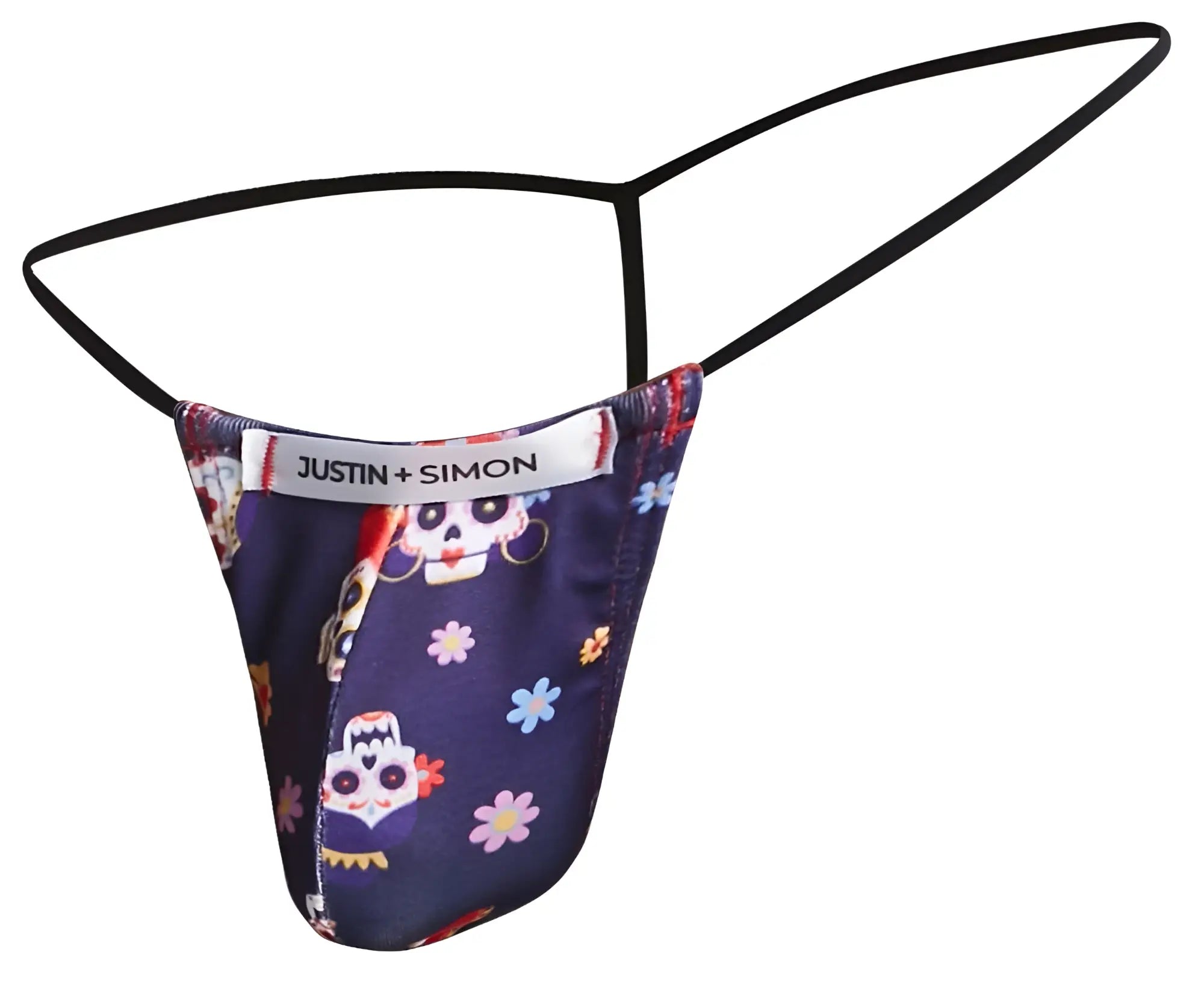 Justin simon classic g-string thong in navy blue with colorful sugar skull and floral patterns front view