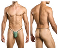Green mesh thong with black elastic waistband and leg straps from justin simon xsj02 classic g-string collection