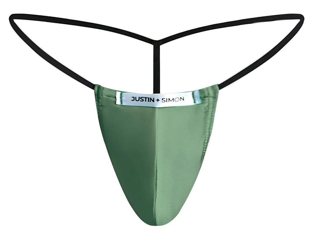 Green satin thong with black elastic straps and justin plus simon brand label classic g-string new green color