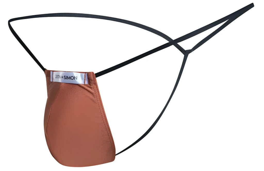 Brown ochre fabric thong with black elastic straps and just simon label classic g-string from justin simon
