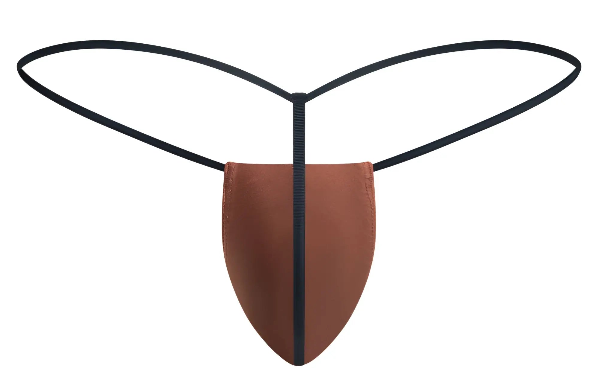 Brown leather thong with black elastic straps classic g-string ochre color by justin simon visible from the back side
