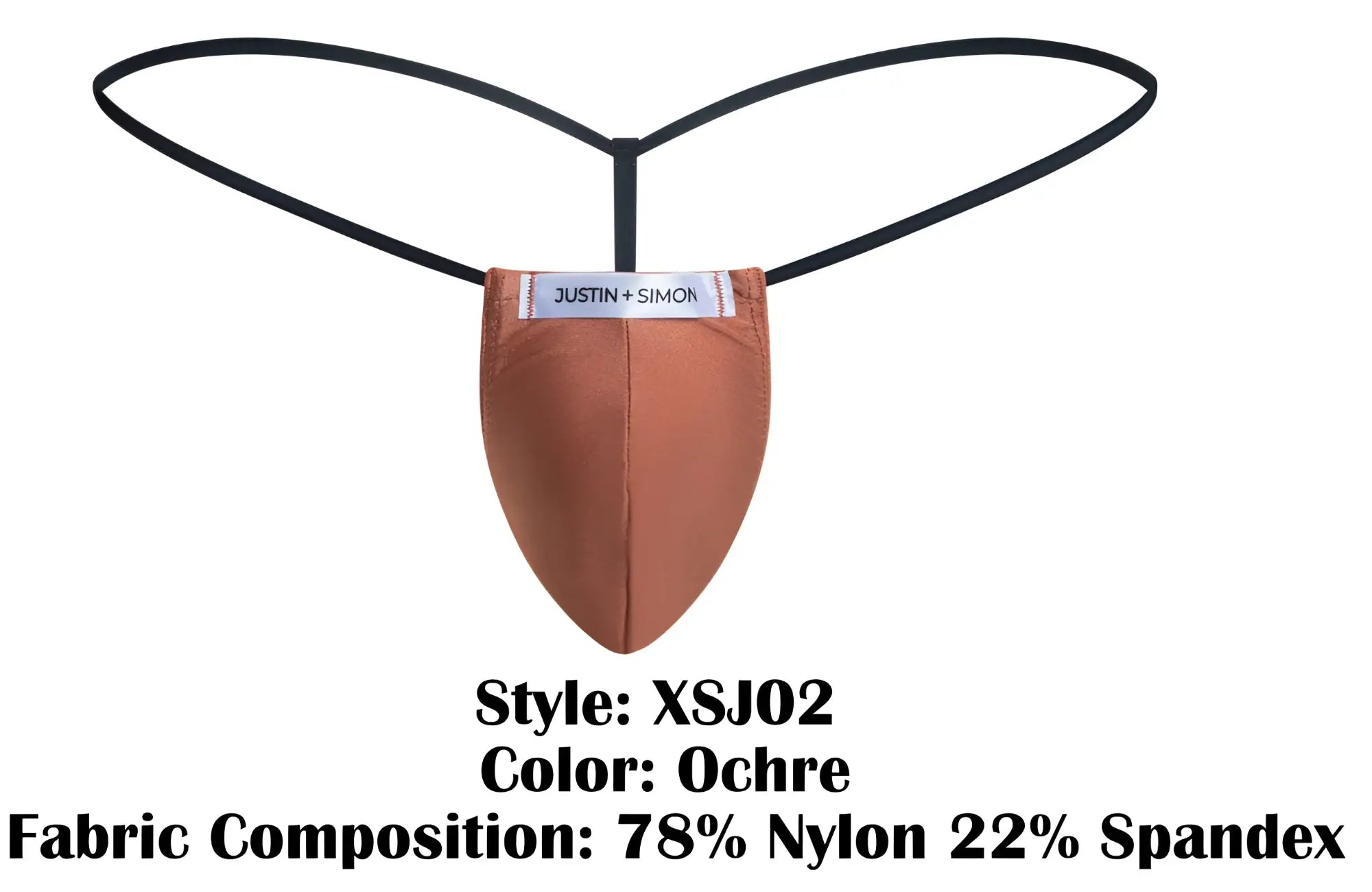Ochre-colored triangular thong with black elastic straps and justin simon label classic g-string xsj02 model