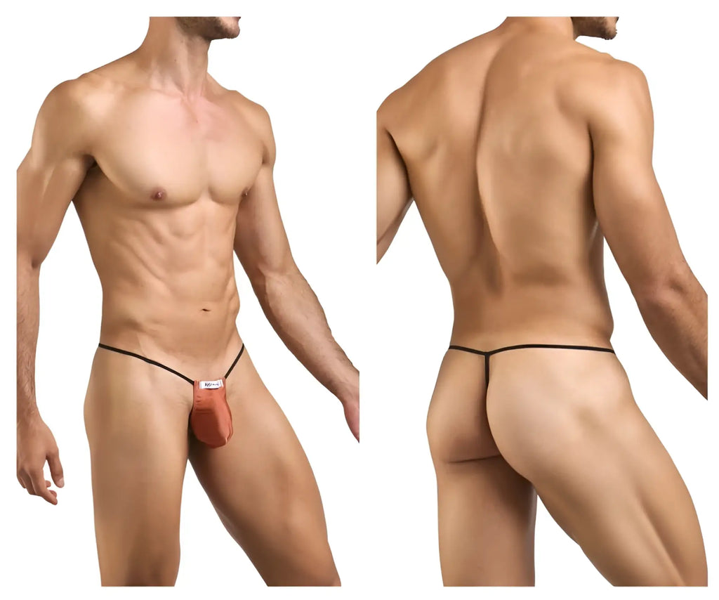Justin simon xsj02 classic g-string in orange-red with black elastic waistband and white front label