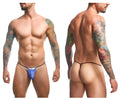 Blue athletic briefs with black trim and small white logo front by justin simon xsj02 classic g string color party