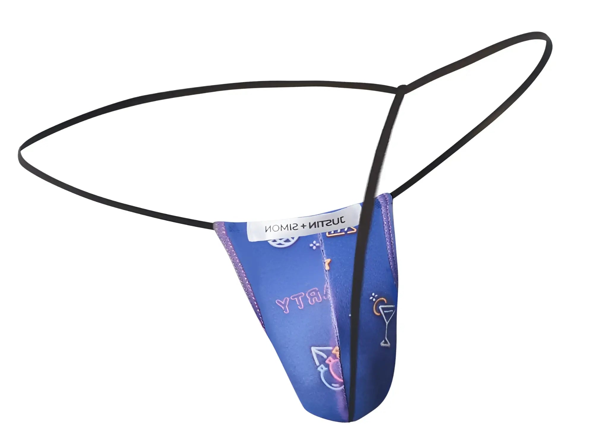 Blue patterned classic g-string with black elastic straps and justin simon label in party color design