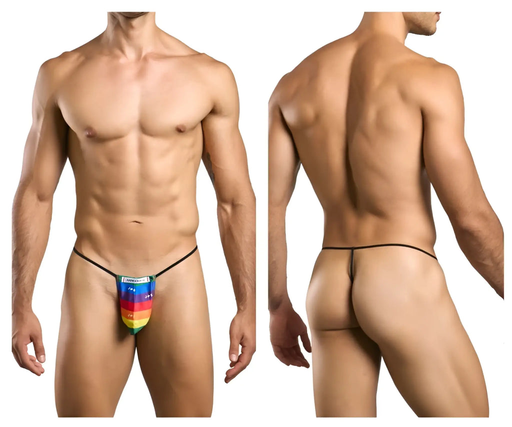 Justin simon xsj02 classic g-string thong with rainbow color pride flag stripes and black elastic waistband and leg straps