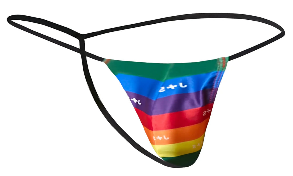 Justin simon xsj02 classic g-string in rainbow-striped thong with black elastic bands and japanese characters on each stripe