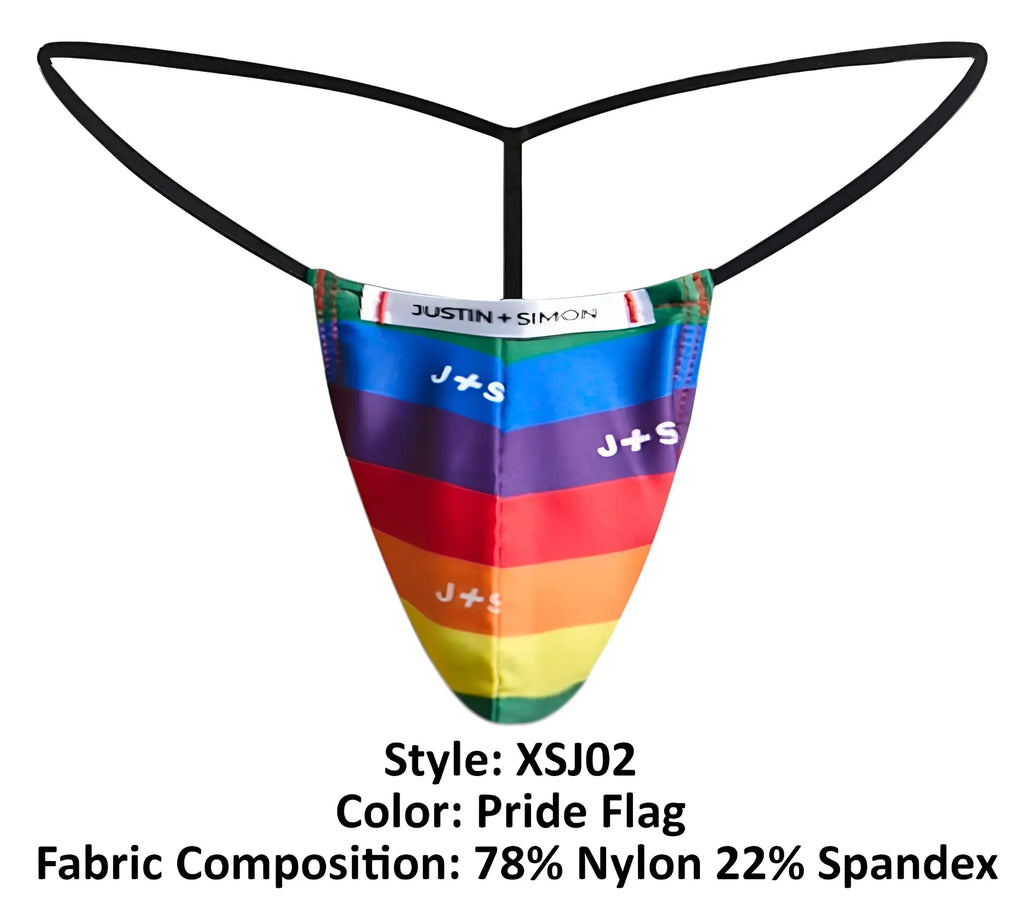 Rainbow-striped thong in pride flag colors with black elastic straps and justin simon logo back view