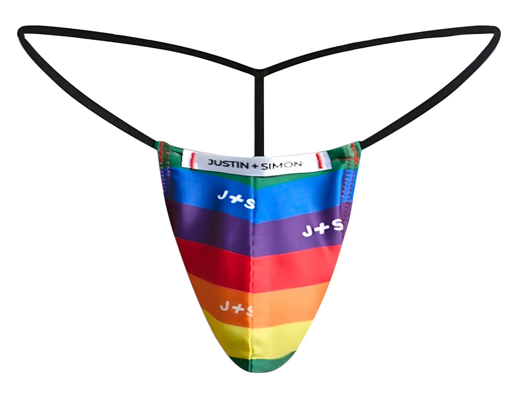 Justin simon classic g-string xsj02 with rainbow-striped thong and black elastic straps featuring brand logo