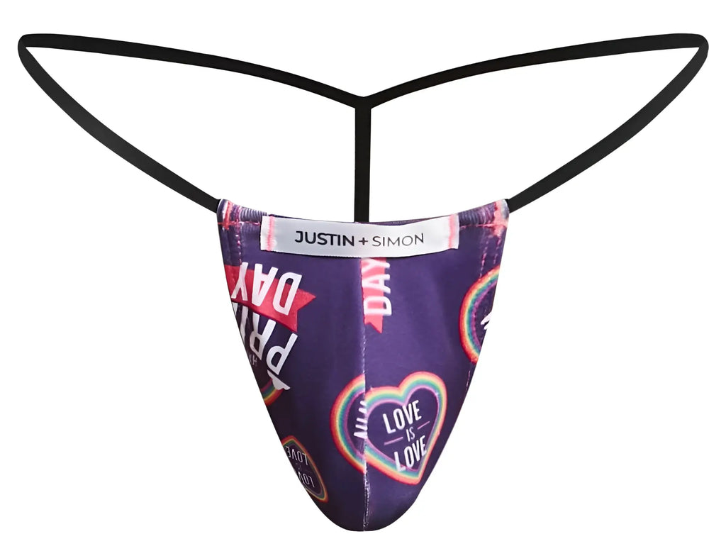 Purple classic g-string with black elastic straps and rainbow heart print love is love pride day by Justin Simon