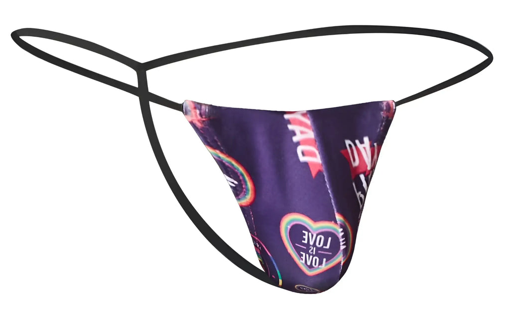 Purple thong classic g-string with black elastic straps and rainbow heart love pattern from justin simon xsj02 color pride