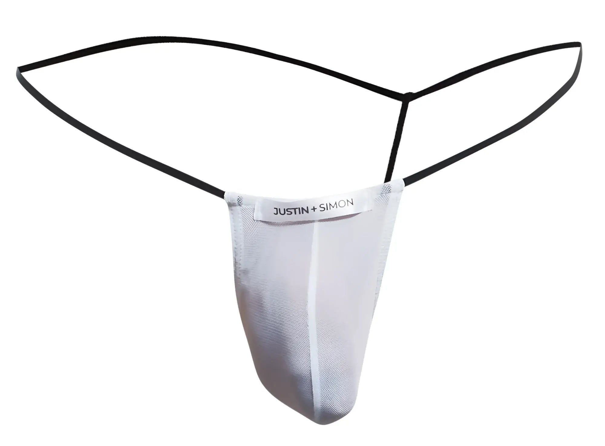 White mesh thong with black elastic straps featuring justin simon brand label classic g-string style