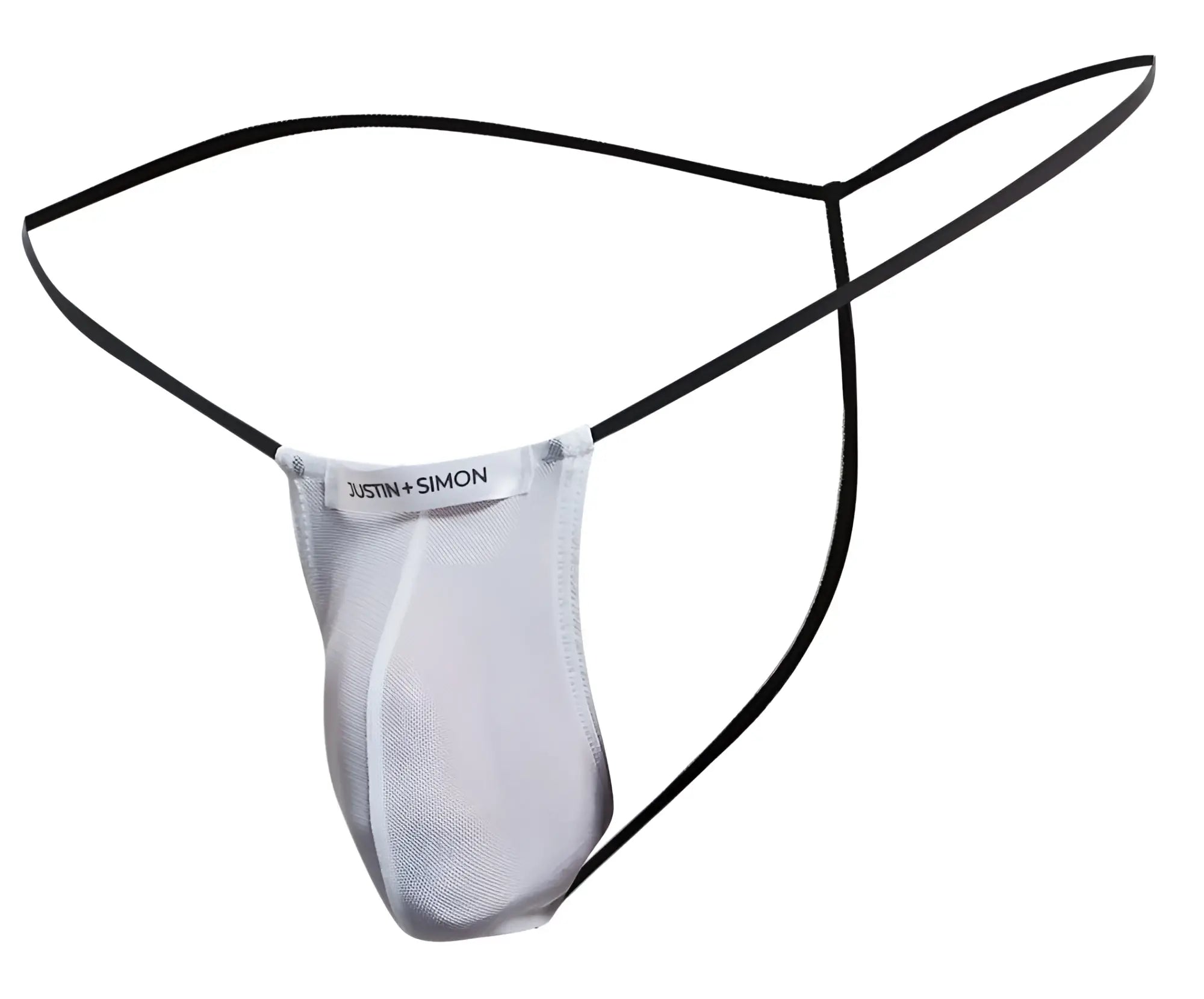 White mesh thong with black elastic straps branded justin simon from the back in classic g string style xsj02