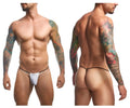 White mesh classic g-string thong with black trim and small logo on front by justin simon xsj02
