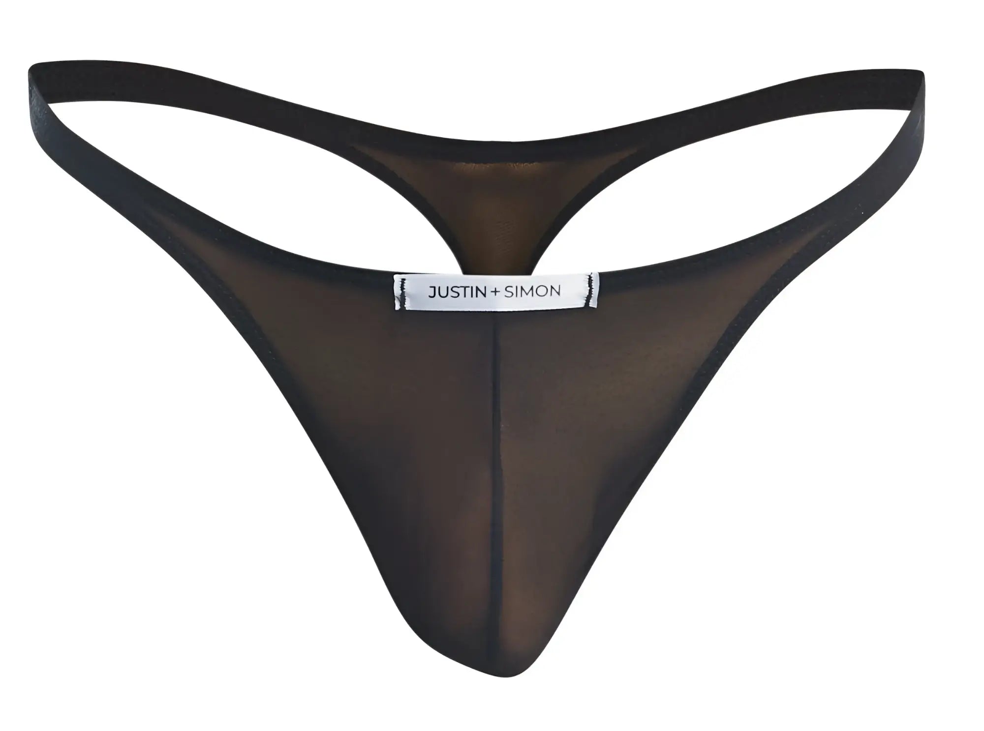 Black sheer mesh thong with black elastic waistband and justin + simon brand label classic style