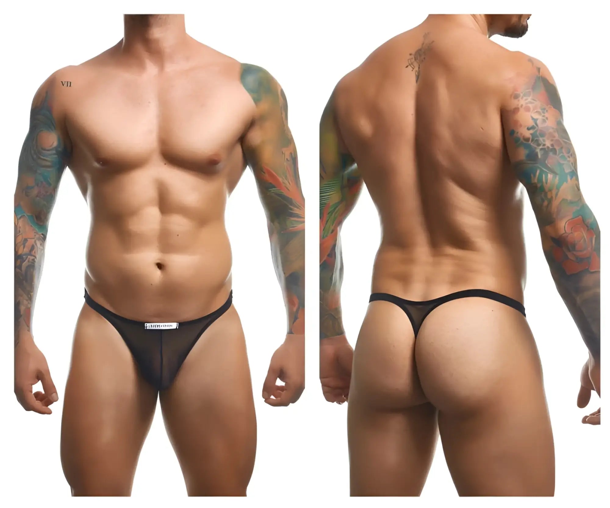Black mesh thong with small white label at the front from JUSTIN+SIMON XSJ03 Classic Thongs collection