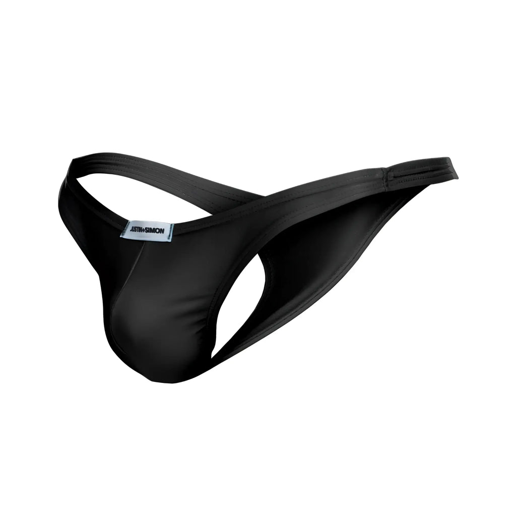 Black satin-like thong with sleek minimalist design and small brand tag at the back by justin simon xsj03