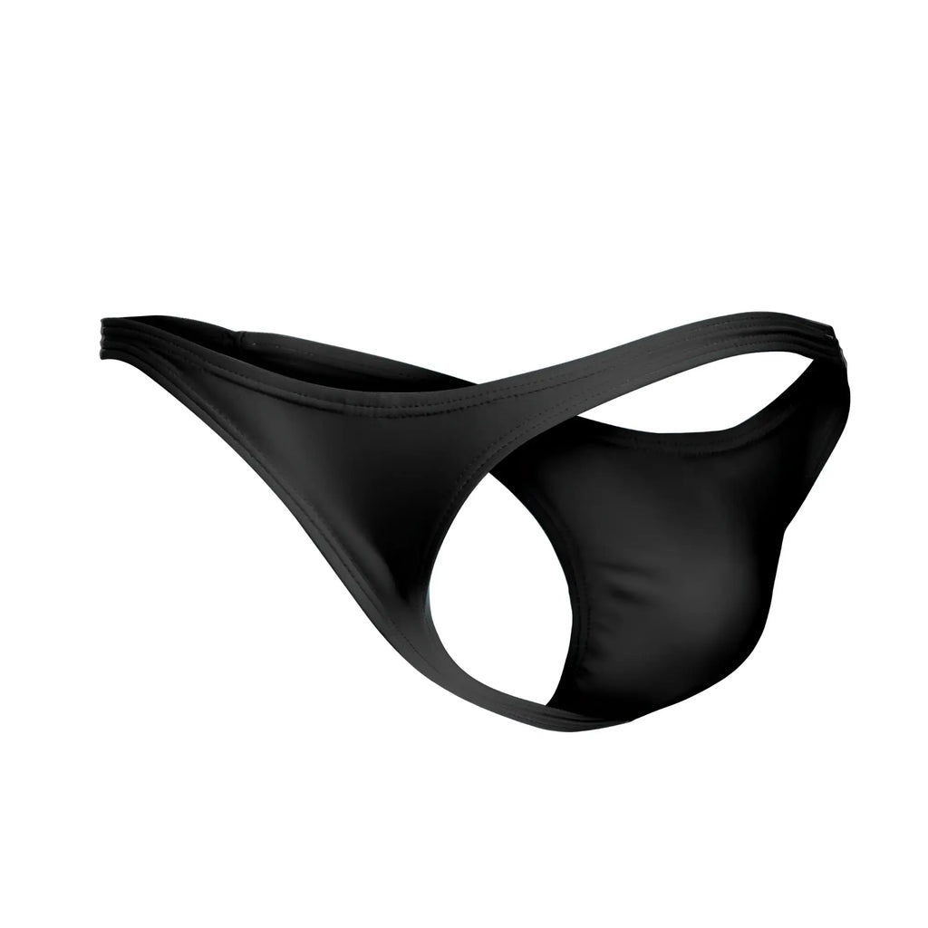 Black sleek form-fitting classic thong by justin simon made of smooth stretchy fabric with minimalist design