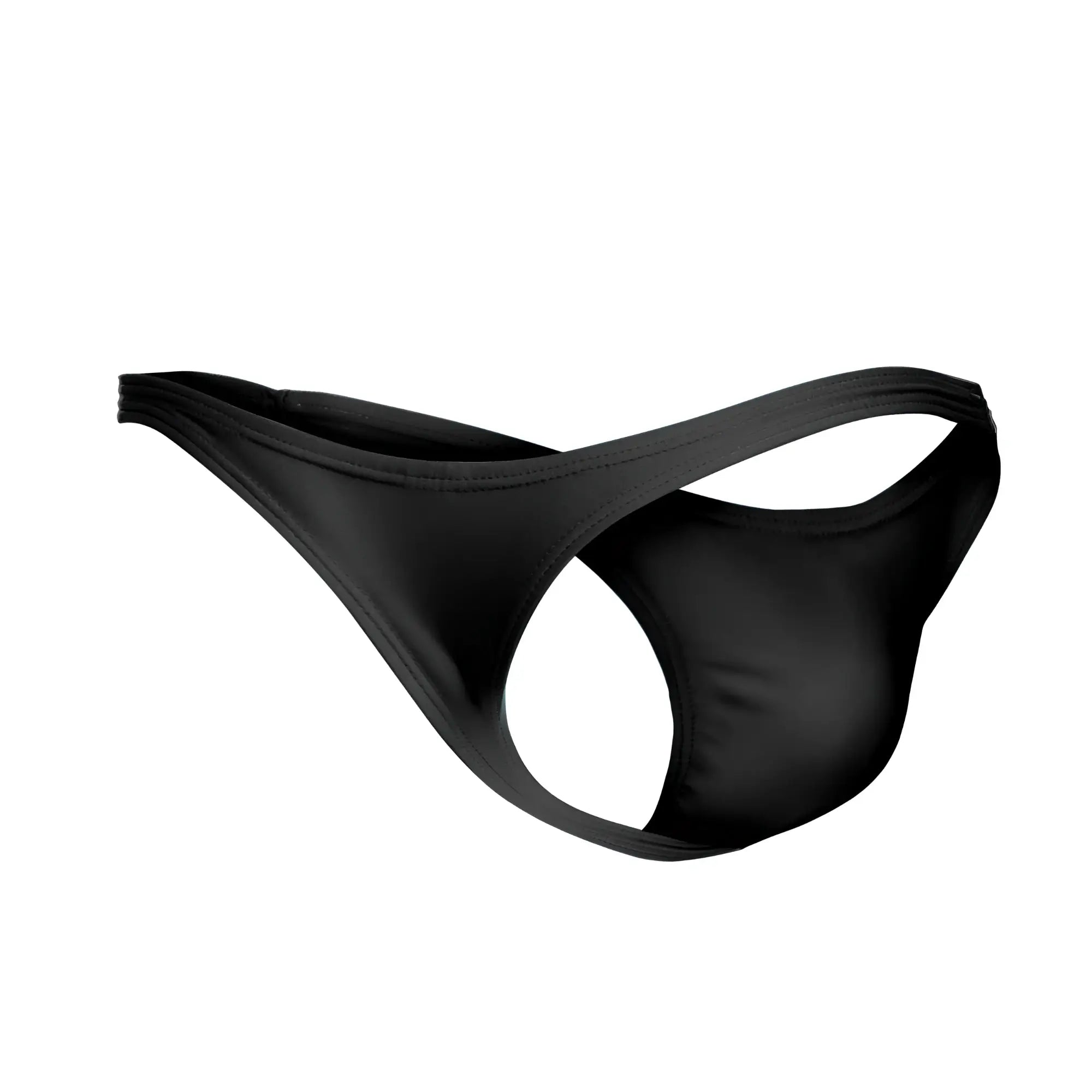 Black sleek form-fitting classic thong by justin simon made of smooth stretchy fabric with minimalist design
