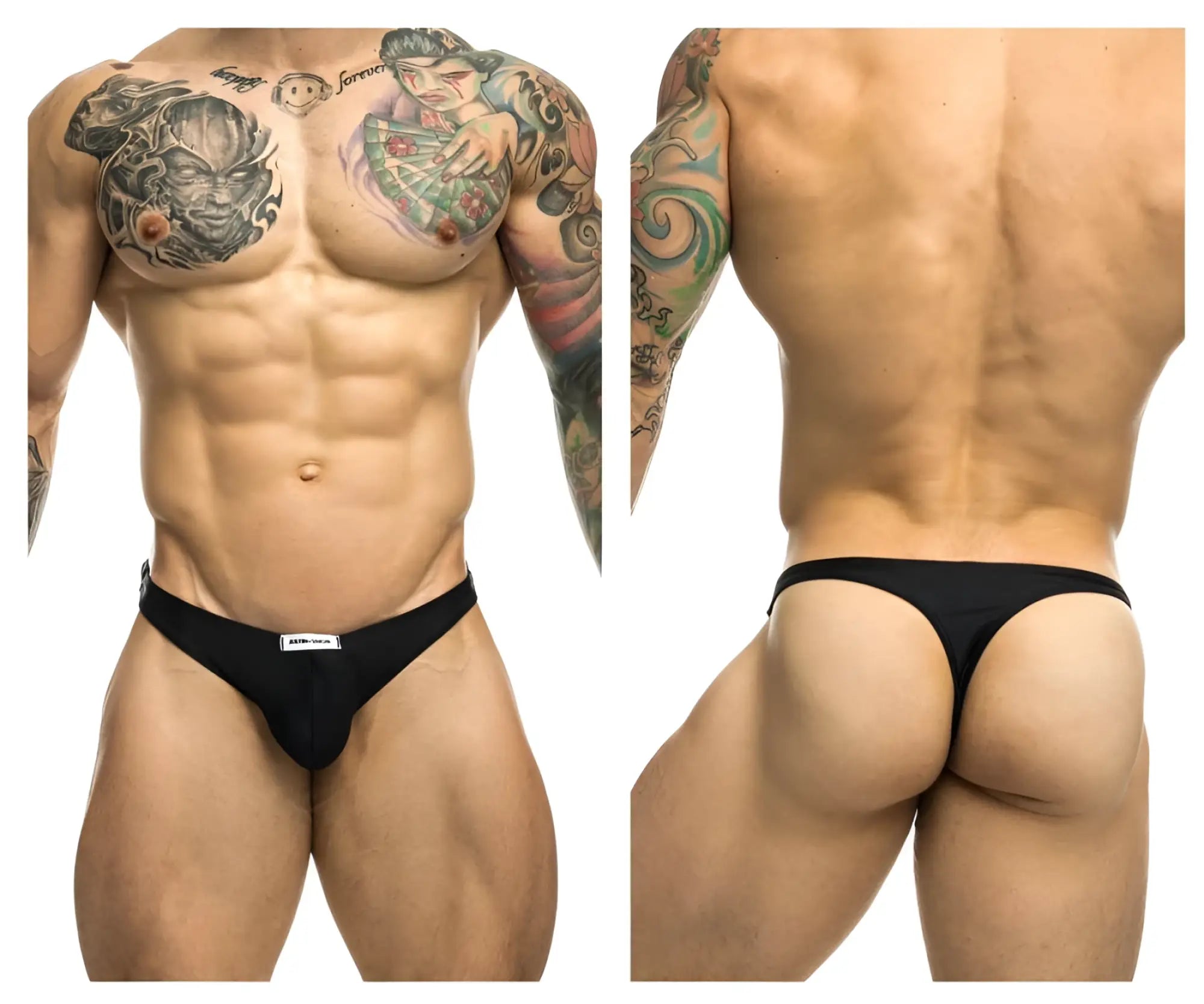 Black justin simon xsj03 classic thong showing back side with small white label at waistband