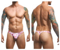 Pink patterned thong with bow and ribbon design from justinsimon xsj03 classic thongs color coquette collection