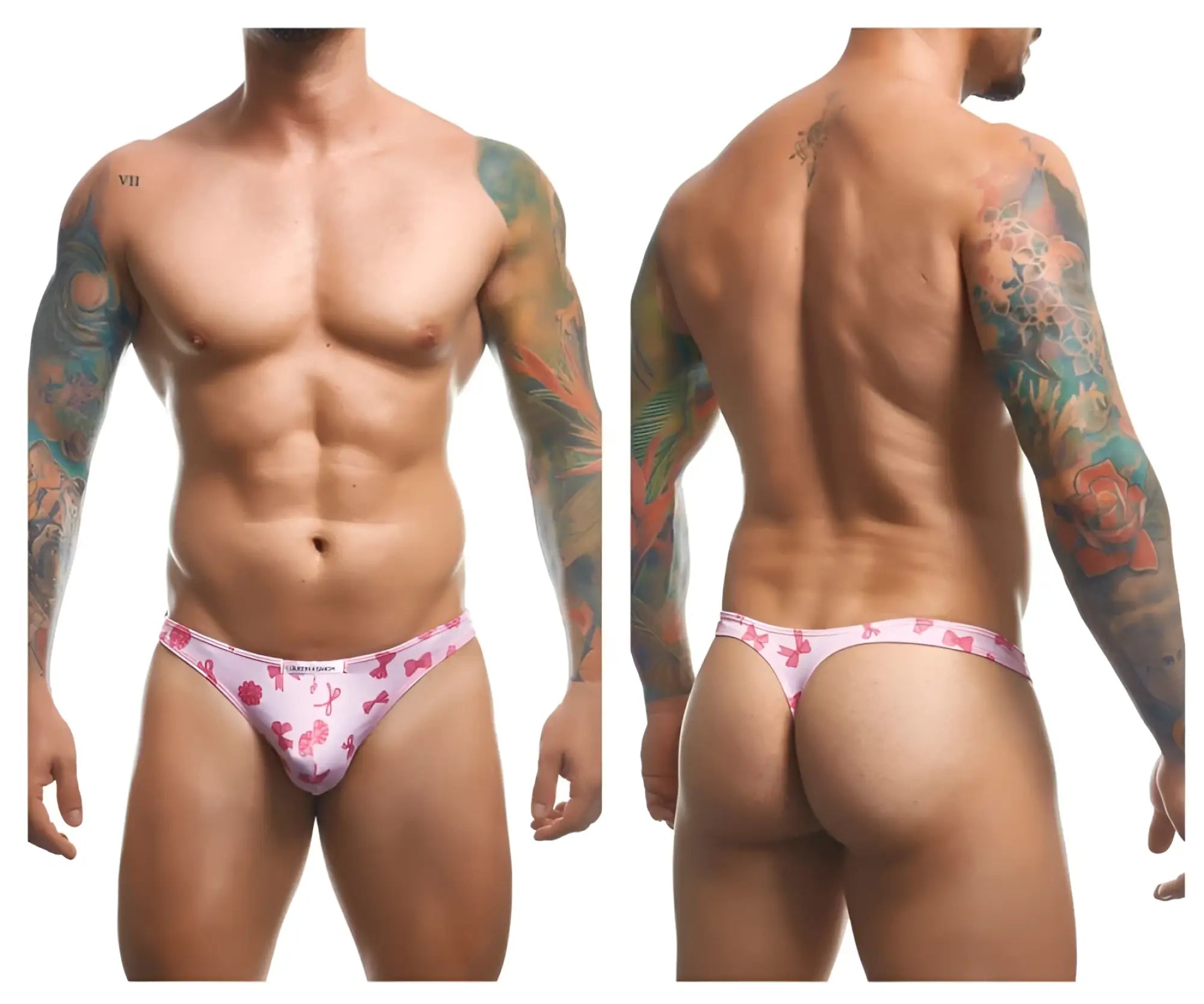 Pink patterned thong with bow and ribbon design from justinsimon xsj03 classic thongs color coquette collection