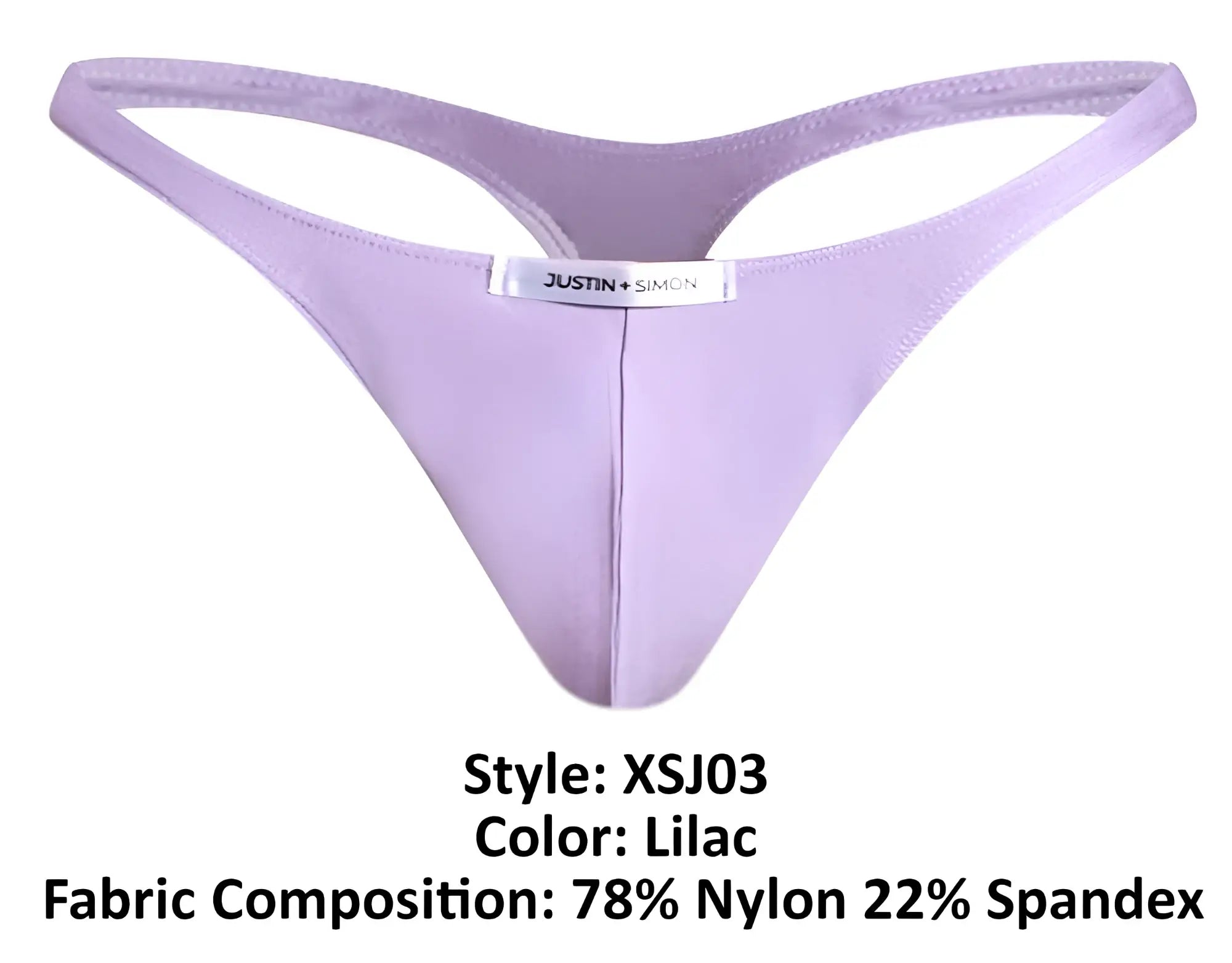 Lilac justin simon classic thong made of 78 nylon and 22 spandex showing the back side of the product